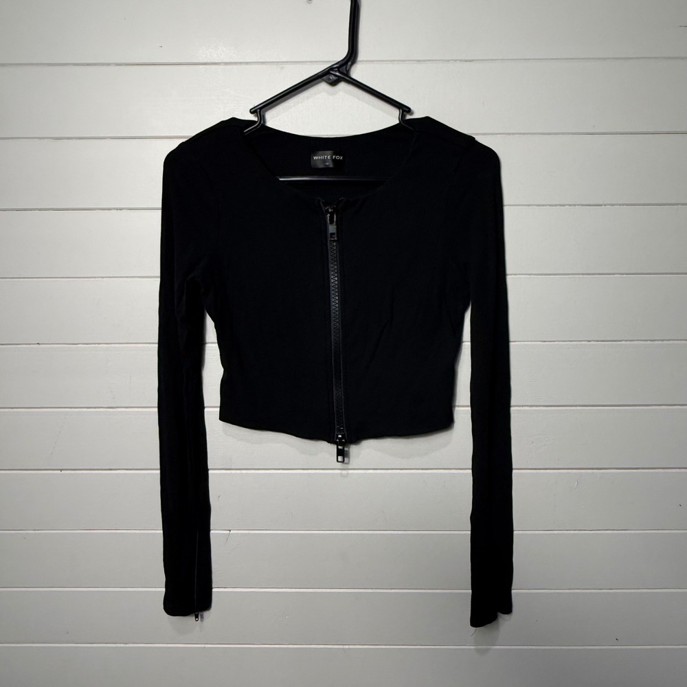 White Fox Ribbed Long Sleeve Full Zip Crop Top M Black Streetwear Y2K